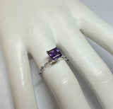 Vintage NOS 1990's Sterling Silver 6mm Square Genuine Amethyst and Diamond Ladies Solitaire Ring