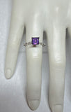 Vintage NOS 1990's Sterling Silver 6mm Square Genuine Amethyst and Diamond Ladies Solitaire Ring