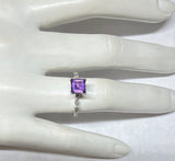 Vintage NOS 1990's Sterling Silver 6mm Square Genuine Amethyst and Diamond Ladies Solitaire Ring