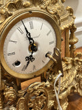 Vintage Ornate Gilt Brass and Marble Mantel Clock with 2 Candelabras Rococo Style Garniture Set