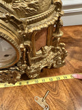 Vintage Ornate Gilt Brass and Marble Mantel Clock with 2 Candelabras Rococo Style Garniture Set