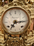 Vintage Ornate Gilt Brass and Marble Mantel Clock with 2 Candelabras Rococo Style Garniture Set