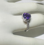 Sterling Silver Genuine Heart Amethyst and Diamond Ring