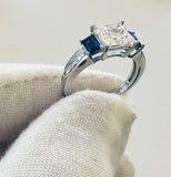 Sterling Silver Princess-cut with Blue CZ Baguettes Engagement Ring