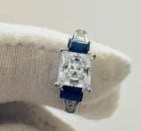 Sterling Silver Princess-cut with Blue CZ Baguettes Engagement Ring