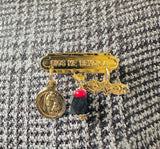 14 Karat Yellow Gold-plated Sterling Silver Genuine 4mm Azabache Jet, Guardian Angel Medal and Saint Lucy Eyes "Dios Me Bendiga" Baby Brooch