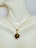 14 Karat Yellow Gold Filled Genuine 14mm Tiger's Eye Bead with CZ Accent Pendant on 18" Sterling Silver Gold-plated Cable Link Chain