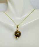 14 Karat Yellow Gold Filled Genuine 14mm Tiger's Eye Bead with CZ Accent Pendant on 18" Sterling Silver Gold-plated Cable Link Chain