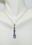 Sterling Silver Gold-plated Black Freshwater Pearl/Amethyst/Quartz Pendant with 18" Cable Link Chain