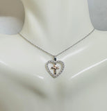 Sterling Silver with 10 Karat Rose Gold Cross Inside Genuine Diamond Heart Pendant with 18" Chain