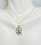 14 Karat Yellow Gold-plated Sterling Silver Our Lady of Aparecida (Nossa Senhora Aparecida) Oval Medal Pendant with Genuine White Mother-of-Pearl and 17" Cable Link Chain