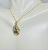14 Karat Yellow Gold-plated Sterling Silver Our Lady of Aparecida (Nossa Senhora Aparecida) Oval Medal Pendant with Genuine White Mother-of-Pearl and 17" Cable Link Chain