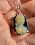 Vintage Sterling Silver Genuine Black Onyx and Shell Cameo Pendant with Genuine Ruby