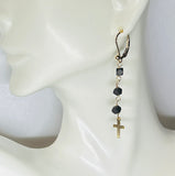 14 Karat Yellow Gold Filled Genuine 3.5mm Azabache Jet Dangle Lever Back Earrings with Cross