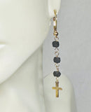 14 Karat Yellow Gold Filled Genuine 3.5mm Azabache Jet Dangle Lever Back Earrings with Cross