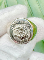 Sterling Silver Saint Michael Protect Us Badge Signet Man's Ring