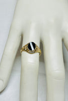 10 Karat Yellow Gold Genuine Black Onyx and Inlay Mother-of-Pearl Dainty Ladies Filigree Ring