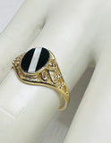 10 Karat Yellow Gold Genuine Black Onyx and Inlay Mother-of-Pearl Dainty Ladies Filigree Ring