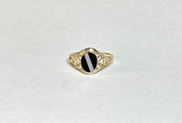10 Karat Yellow Gold Genuine Black Onyx and Inlay Mother-of-Pearl Dainty Ladies Filigree Ring