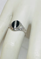 Sterling Silver Genuine Black Onyx and Inlay Mother-of-Pearl Dainty Ladies Filigree Ring