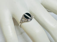 Sterling Silver Genuine Black Onyx and Inlay Mother-of-Pearl Dainty Ladies Filigree Ring
