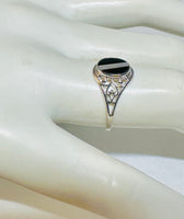 Sterling Silver Genuine Black Onyx and Inlay Mother-of-Pearl Dainty Ladies Filigree Ring