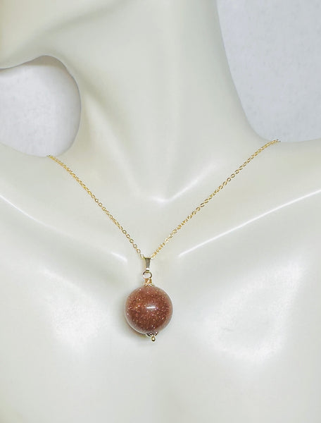 14 Karat Yellow Gold Filled 16mm Brown Goldstone "Venturina" Pendant with 18" Gold-plated Sterling Silver Cable Link Chain