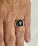 Sterling Silver Genuine Onyx and Diamond Cross Man's Ring