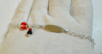 Sterling Silver Genuine 4mm Azabache Jet with Enameled Lady Bug Engraveable Oval ID 6" Girls Heart Link Bracelet