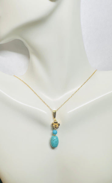 Sterling Silver Gold-plated Reconstituted Magnesite & Turquoise Flower Pendant with 18" Chain