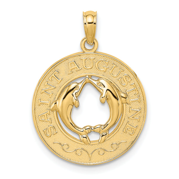 Real and Solid 14K Yellow Gold SAINT AUGUSTINE w/Dolphins Circle Charm