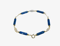 14 Karat Yellow Gold Filled Genuine 13 x 4mm Barrel Lapis Lazuli 7 3/4" Filigree Plaque Bracelet