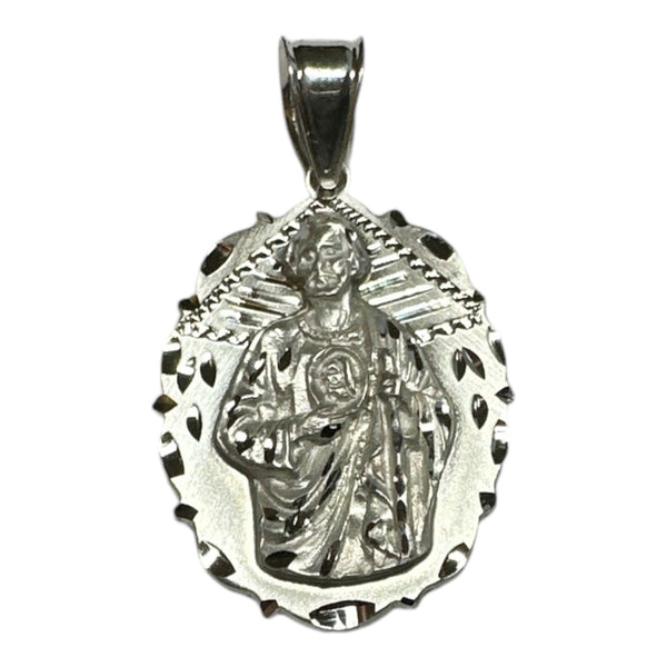 Sterling Silver Saint Jude Thaddeus "San Judas Tadeo" 1.56" x 0.90" Oval Scalloped Medal Pendant