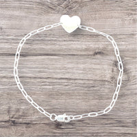 Sterling Silver .925 Engravable Heart 7" Paper Clip Link Bracelet