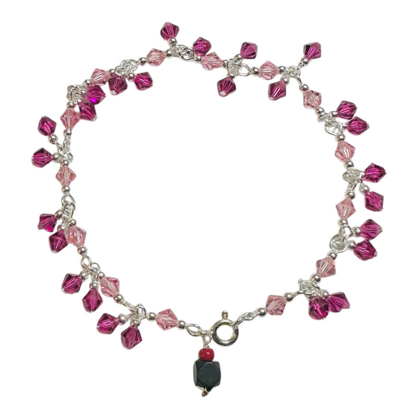 Sterling Silver 4mm Light & Dark Pink Bicone Beads with Genuine 4mm Azabache Jet Stone 7" Bracelet