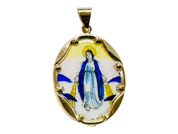 Vintage NOS 1970's 10K Enameled Miraculous Virgin Mary "Milagrosa" 25 x 20mm Oval Medal
