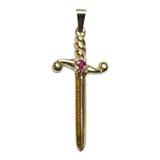 10 Karat Yellow Gold 1" Sword of Saint Barbara "Espada de Santa Barbara" with Genuine Ruby Pendant