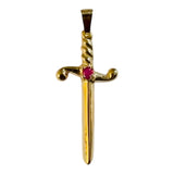 10 Karat Yellow Gold 1" Sword of Saint Barbara "Espada de Santa Barbara" with Genuine Ruby Pendant