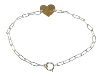 Sterling Silver and Engravable 14 Karat Yellow Gold Heart Paper Clip Link Bracelet