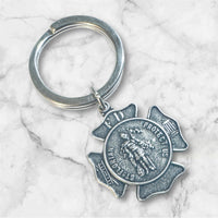 Sterling Silver Saint Florian Firefighter's Badge Medal Personalized Keychain