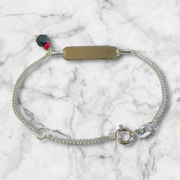 Sterling Silver Children's Curb Link ID Bracelet with Genuine 4mm Azabache Jet Charm (FREE Engraving)