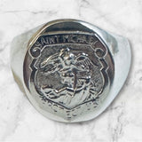 Sterling Silver Saint Michael Protect Us Badge Signet Man's Ring