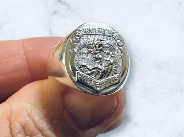 Sterling Silver Saint Michael Protect Us Badge Signet Man's Ring