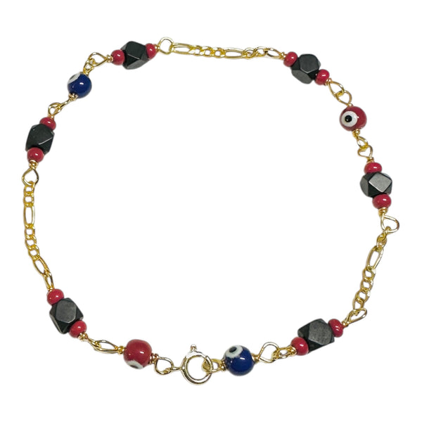 10 Karat Yellow Gold Genuine 4mm Azabache Jet and Lucky Eyes Figaro Link 7.5" Bracelet