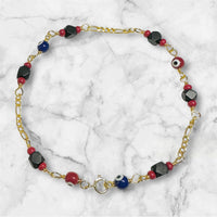 10 Karat Yellow Gold Genuine 4mm Azabache Jet and Lucky Eyes Figaro Link 7.5" Bracelet