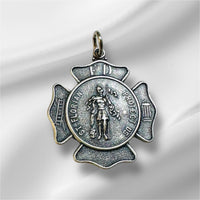 Sterling Silver Antiqued Finish Saint Florian Firefighter's Badge Medal Pendant (2 sizes)