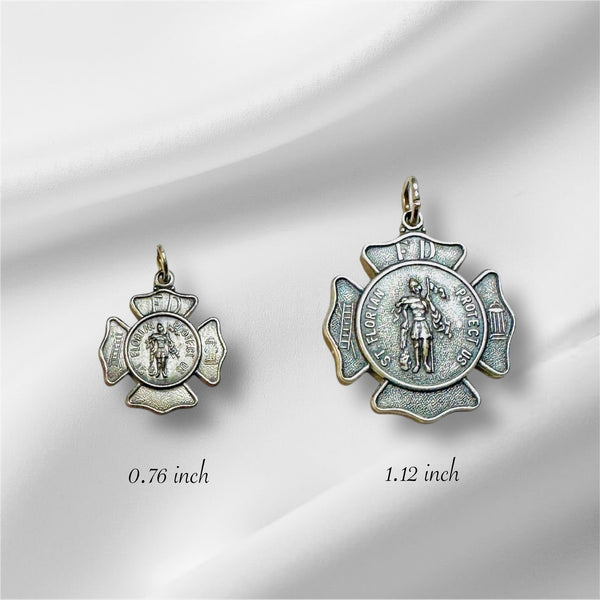 Sterling Silver Antiqued Finish Saint Florian Firefighter's Badge Medal Pendant (2 sizes)
