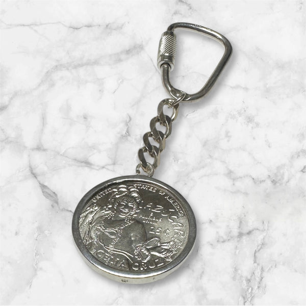Sterling Silver Cuban Link Key Chain with Celia Cruz Commemorative US Quarter Dollar Coin