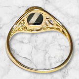 10 Karat Yellow Gold Genuine Black Onyx and Inlay Mother-of-Pearl Dainty Ladies Filigree Ring