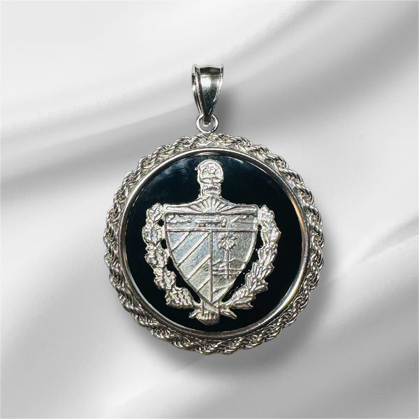 Sterling Silver Genuine Onyx Cuba Coat of Arms "Escudo Cubano" Medal Rope Pendant (Made in USA)